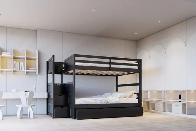 BB52 FULL/FULL Black Bunk Bed w/Twin Trundle + Staircase Storage