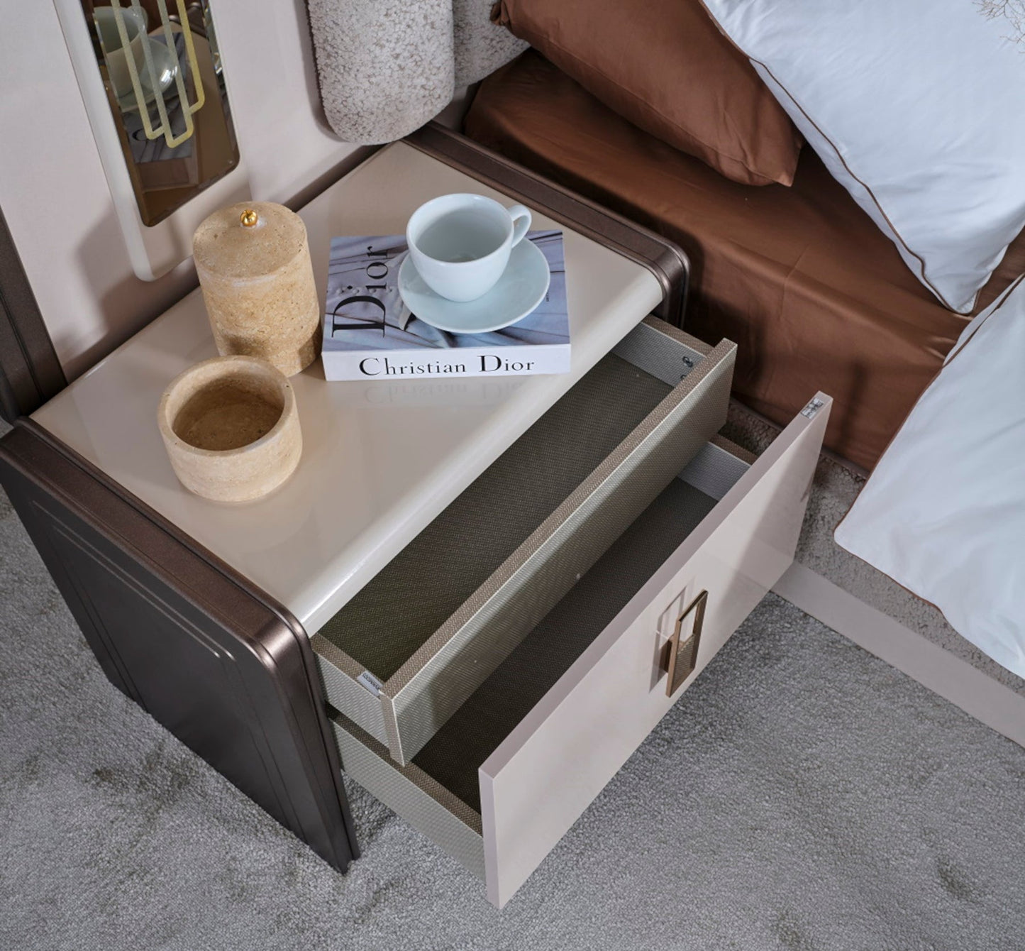 Nirvana Luxury Bedroom Set (Bed & Dresser With Mirror & Ottoman & 2 Nightstand With Back )