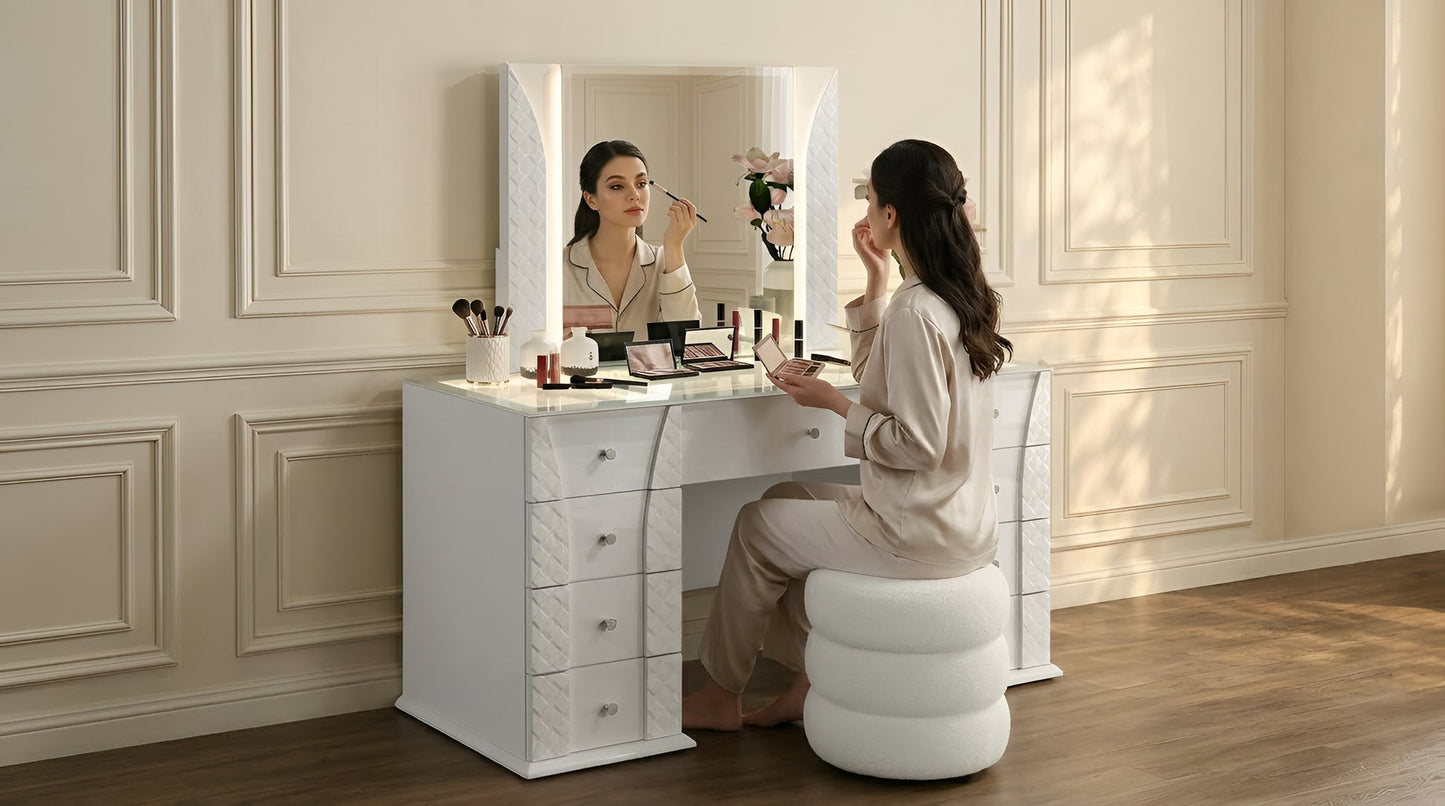 Ivette White LED Vanity Set with Stool