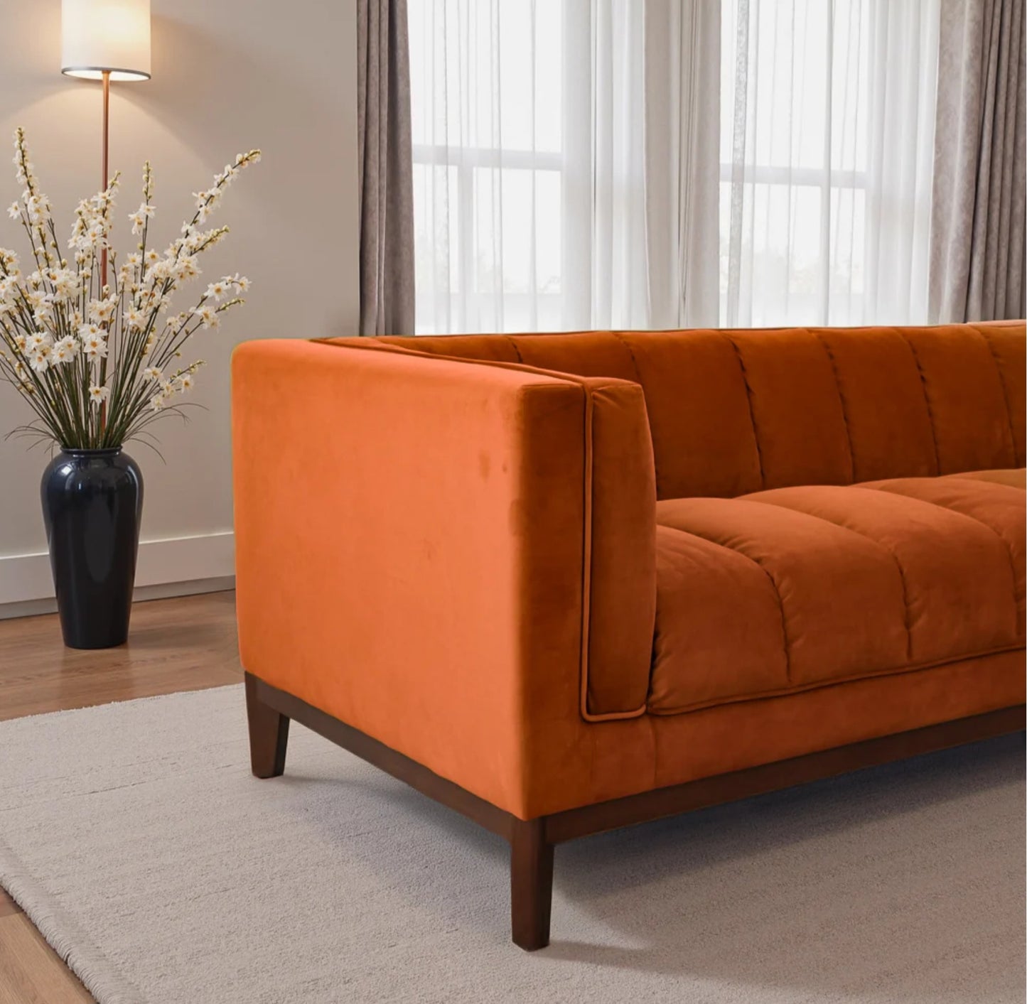 Melissa 91" Mid-Century Modern Orange Velvet Sofa