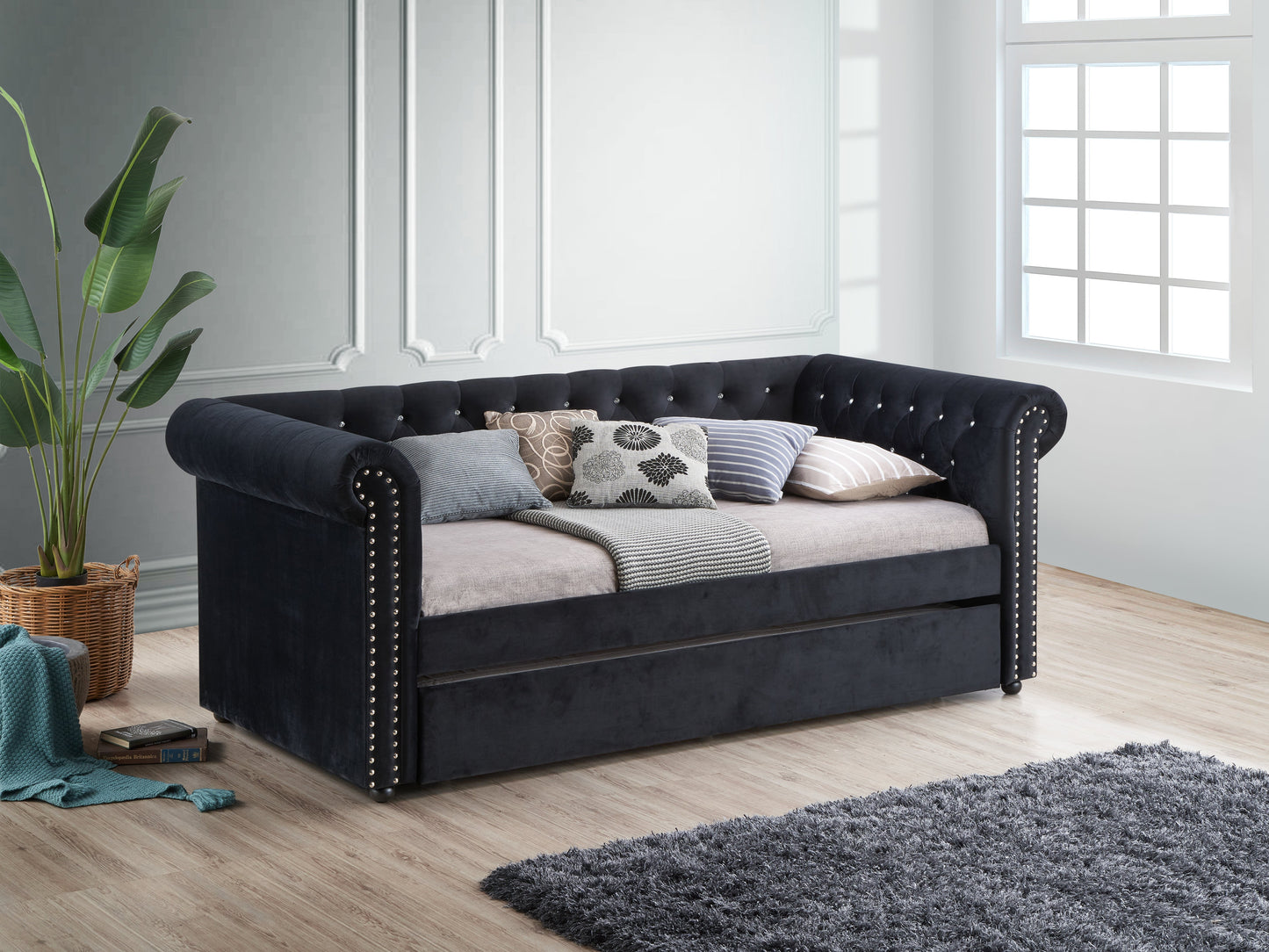 Ellie Black Velvet Twin Daybed with Trundle 5332