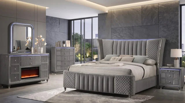 Cleopatra Grey FIREPLACE/LED/HEATING Bedroom Set