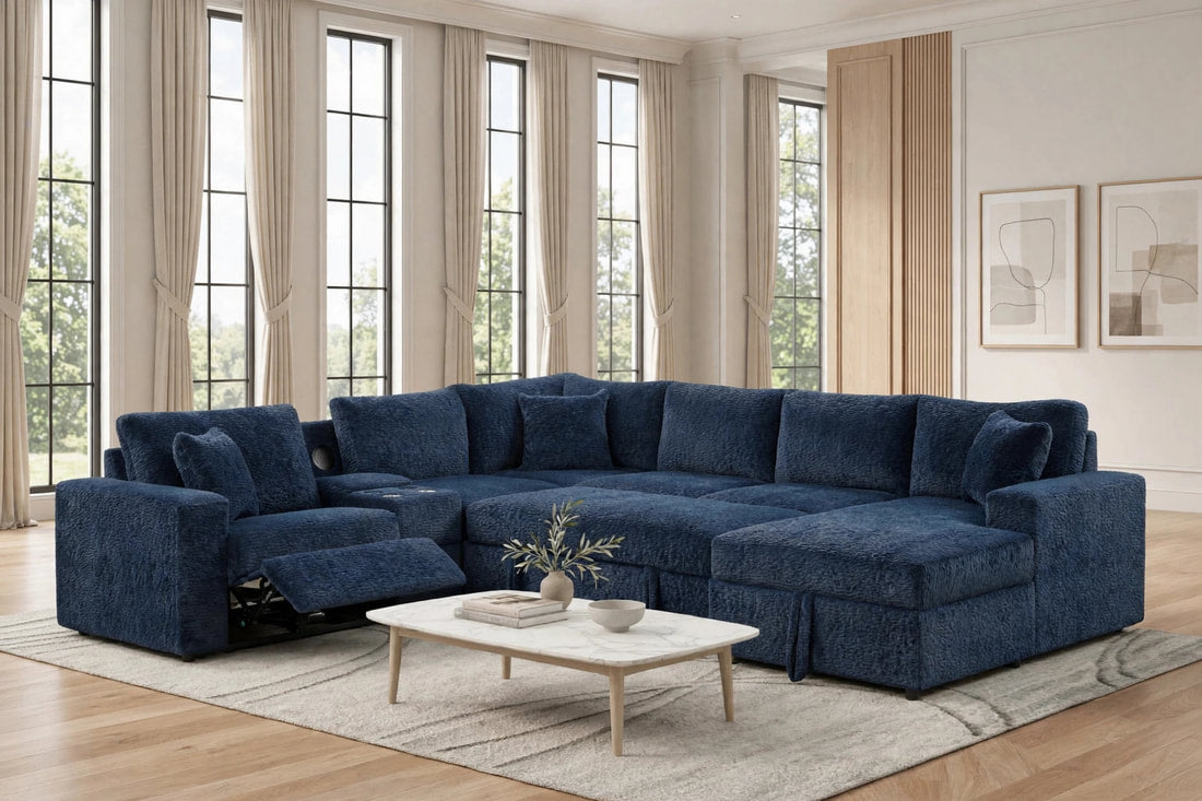Hunter Blue Fabric BLUETOOTH SPEAKERS Pull Out Bed   Sectional