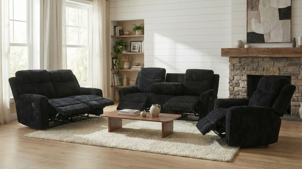 Grace Black Corduroy 3pc Reclining Living Room Set  S8585