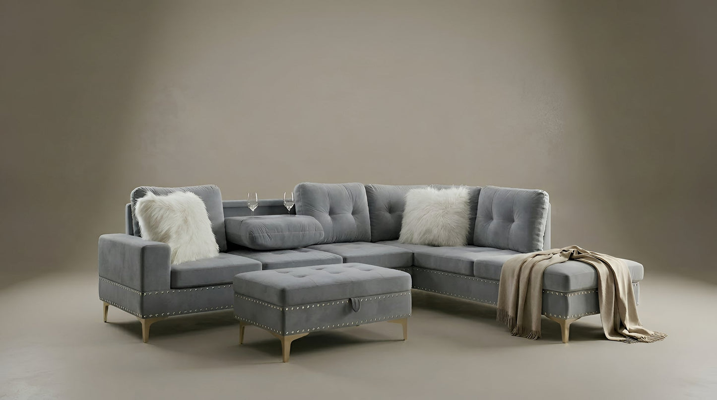 JoyII Gray Velvet  Sectional with Ottoman S123