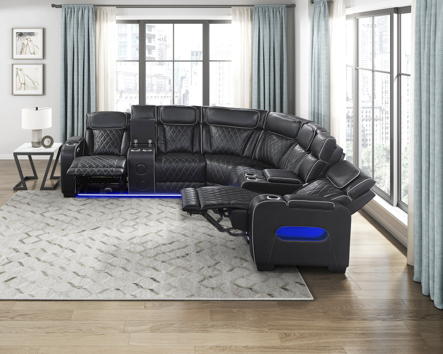 Fairway Black 3pc LED/POWER Reclining Sectional with Consoles and Wireless Speakers