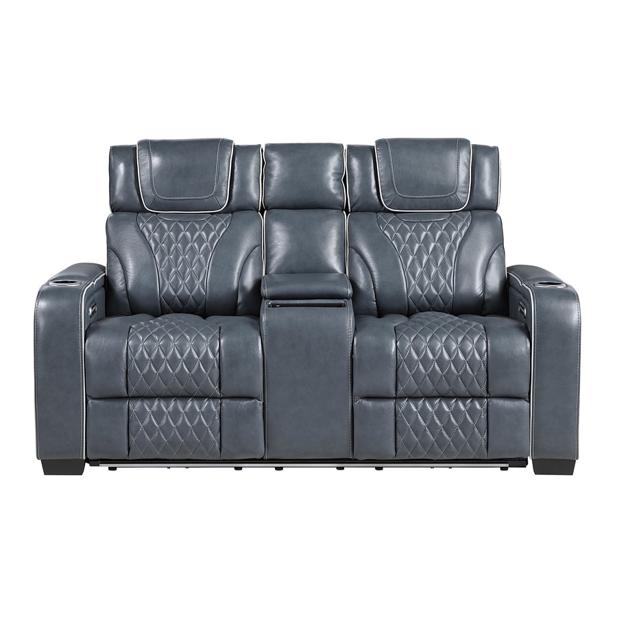 Apex Blue TOP GRAIN LEATHER/POWER/LED/MASSAGE Reclining Set 8449