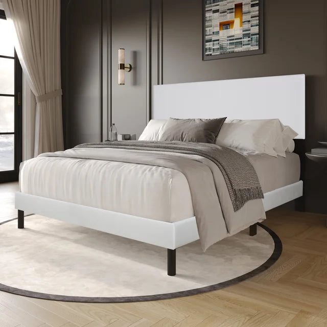 HH120 White Faux Leather King Platform Bed