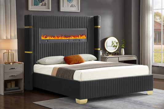 Romance Fireplace/BlutoothSpeakers Black King Platform Bed