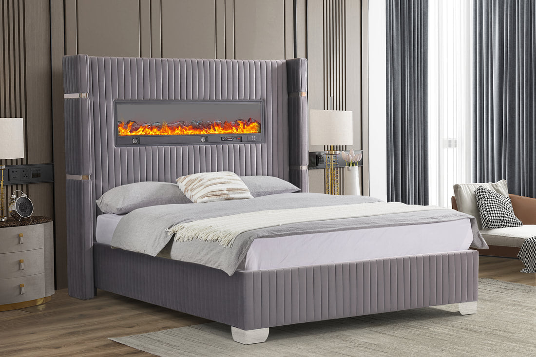 Romance Fireplace/BlutoothSpeakers Gray King Platform Bed