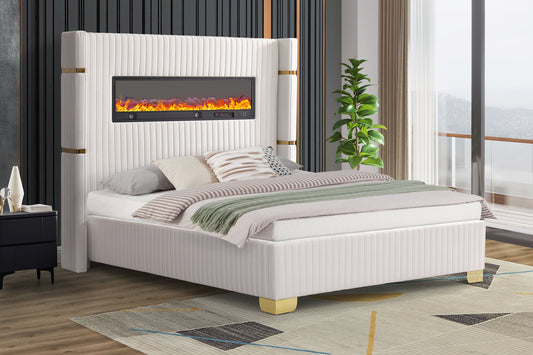 Romance Fireplace/BlutoothSpeakers White King Platform Bed