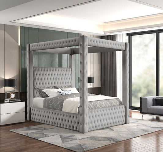 Castle Grey Velvet King Platform Bed