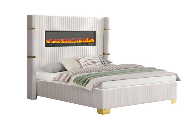 Romance Fireplace/BlutoothSpeakers White King Platform Bed