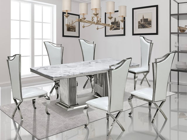 White GENUINE MARBLE/Stainless Steel 7pc Dining Set D6061