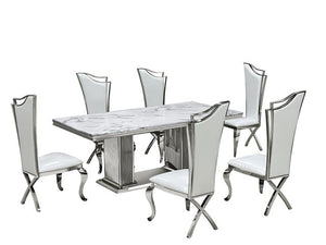 White GENUINE MARBLE/Stainless Steel 7pc Dining Set D6061