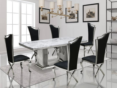 Black/White GENUINE MARBLE/Stainless Steel 7pc Dining Set D6061