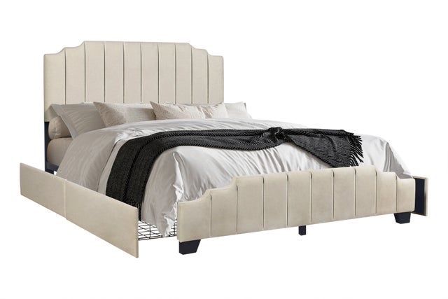 HH975 Beige Velvet King Platform Bed with Side Drawer Storage.