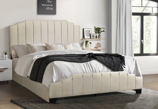 HH975 Beige Velvet Queen Platform Bed with Side Drawer Storage.