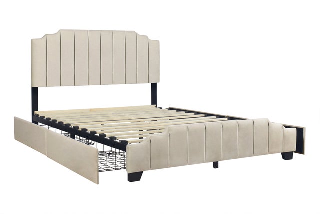 HH975 Beige Velvet King Platform Bed with Side Drawer Storage.