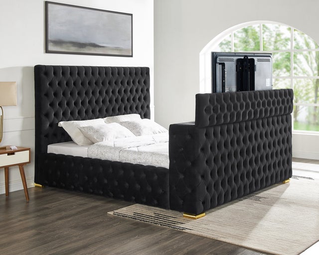 Future Black Velvet FIREPLACE/BLUETOOTH SPEAKERS/TV STAND King Platform Bed