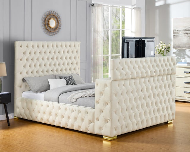 Future Beige Velvet FIREPLACE/BLUETOOTH SPEAKERS/TV STAND Platform Bed