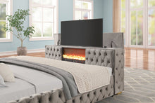 Load image into Gallery viewer, Future Grey Velvet FIREPLACE/BLUETOOTH SPEAKERS/TV STAND Platform Bed