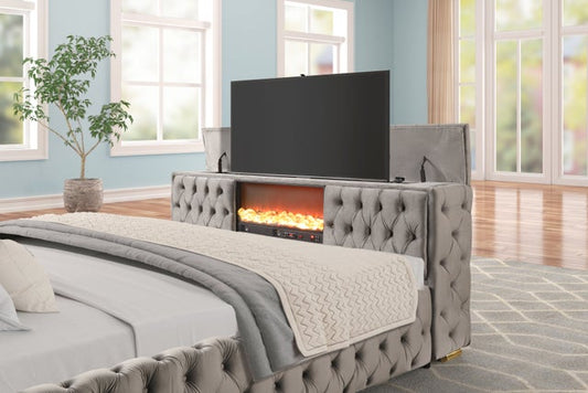 Future Grey Velvet FIREPLACE/BLUETOOTH SPEAKERS/TV STAND Platform King Bed