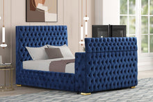 Load image into Gallery viewer, Future Blue Velvet FIREPLACE/BLUETOOTH SPEAKERS/TV STAND Platform Bed