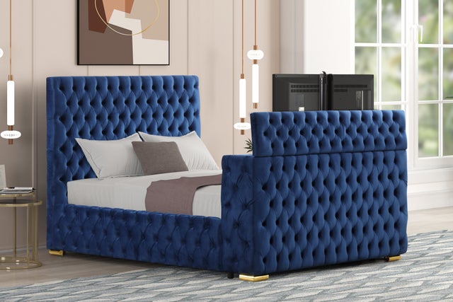 Future Blue Velvet FIREPLACE/BLUETOOTH SPEAKERS/TV STAND Platform King Bed