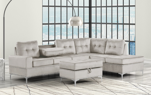 Anserra Gray Velvet Reversible Sectional + Ottoman