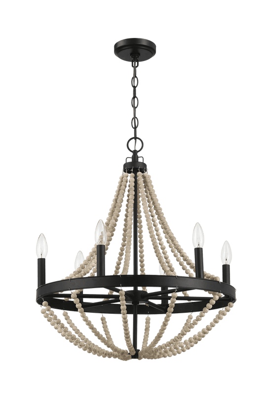 Starry Wood Chandelier Farmhouse Six Candle Light Wood Beaded Black Pendant Light for Dining Room