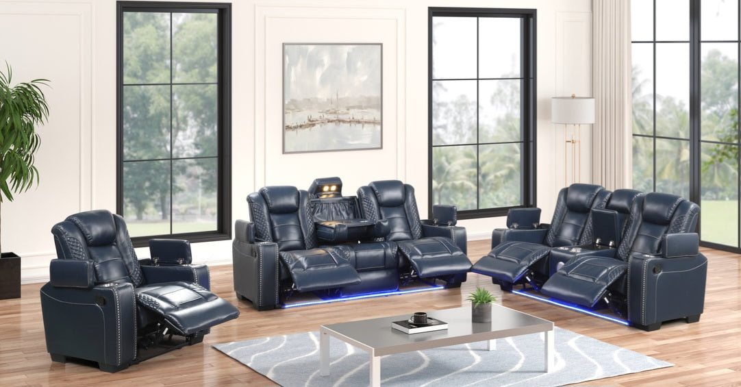Stefano40 Blue LED/BLUETOOTH SPEAKERS 3pc Reclining Set – Harwin