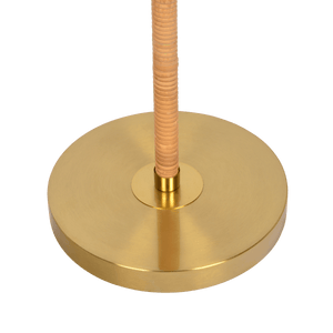 Stellar Wood Rattan Tube , Gold Brass Metal and White Linen Shade Floor Lamp