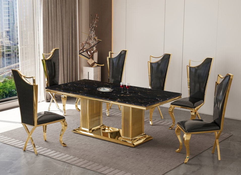 Black/Gold GENUINE MARBLE 9pc Dining Set D7072