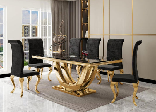 D8082 Black Velvet 7pc Dining Table Set