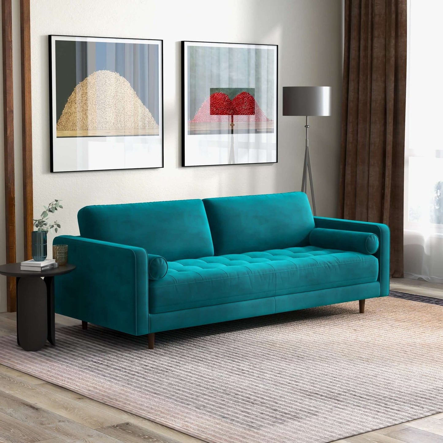 Anthony 88" Mid-Century Modern Teal Velvet Sofa