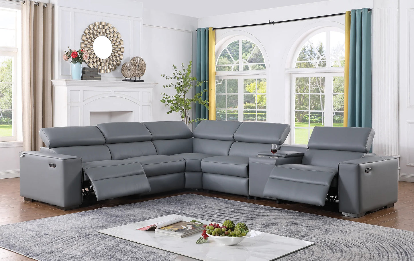 Picasso Grey 2 POWER  Leather Match 6pc Sectional  MI631