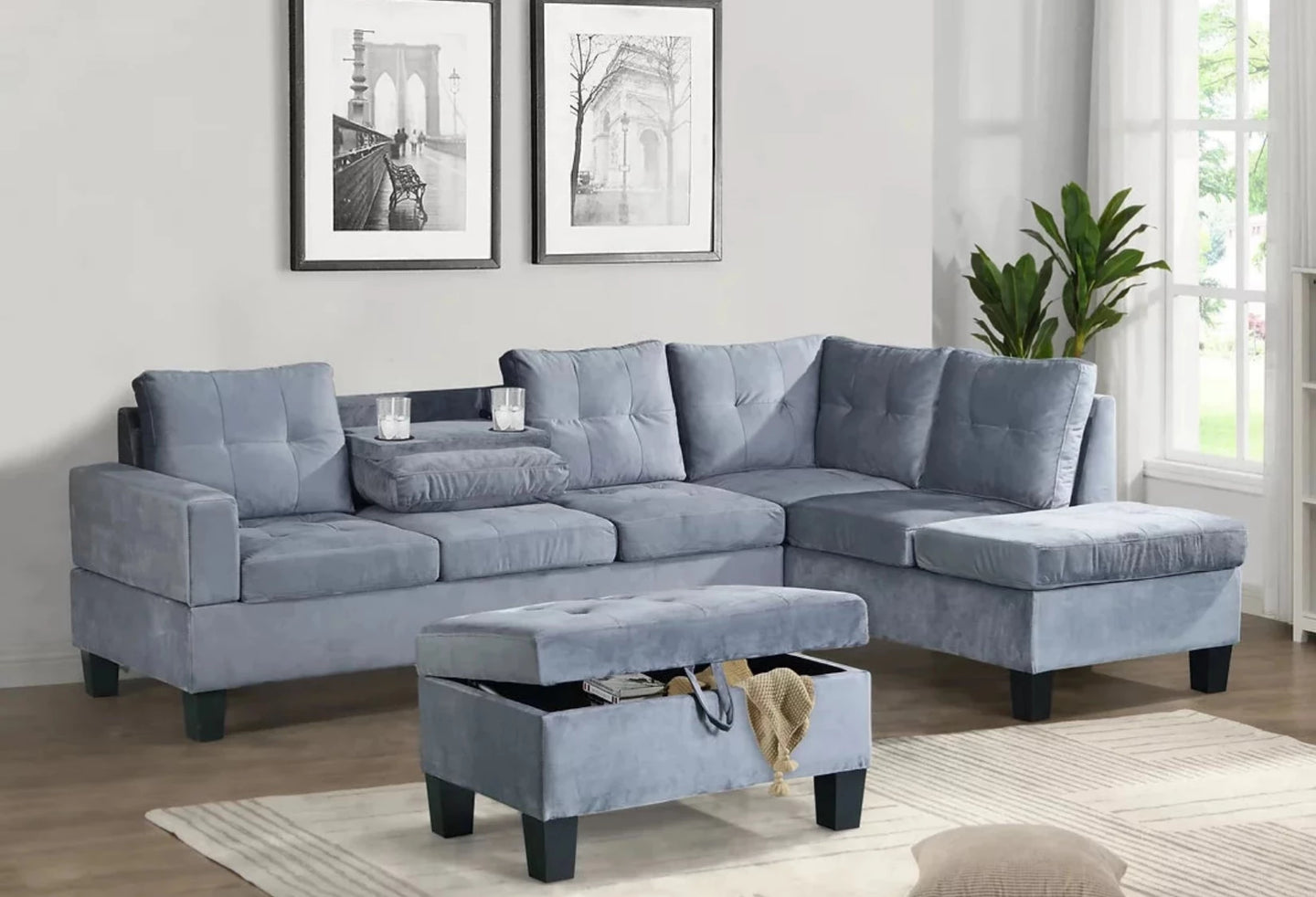 Allen Parkway Gray Velvet Sectional with Ottoman S878
