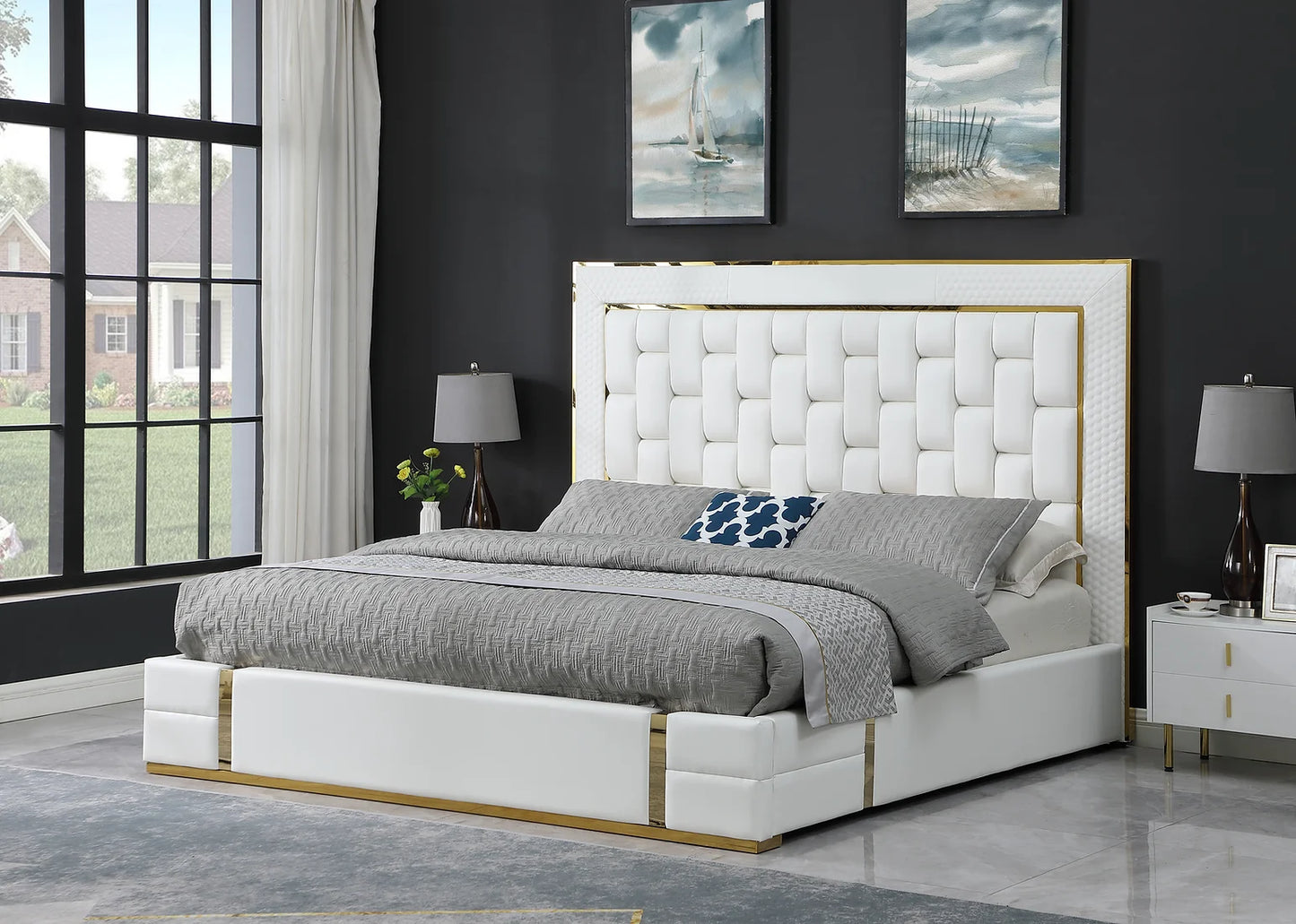 Marbella White/Gold Leather Queen Bed B700