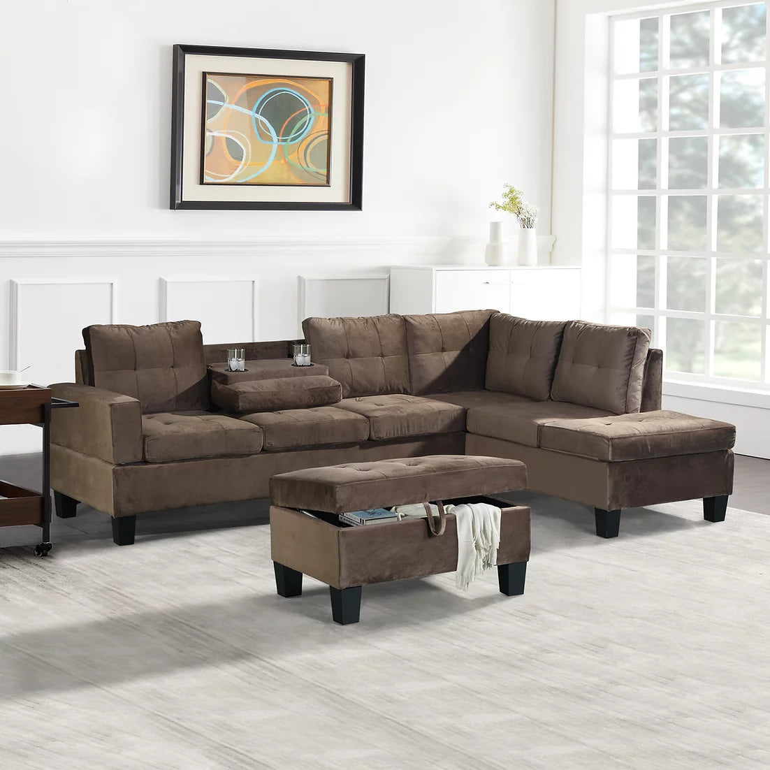 Allen Parkway Brown Velvet Sectional with Ottoman S878