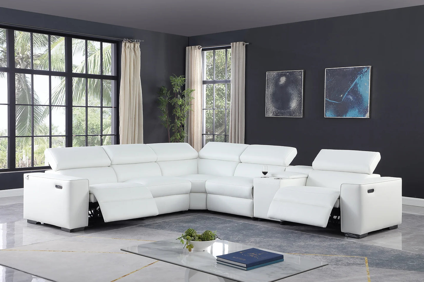 Picasso White 2 POWER  Leather Match 6pc Sectional  MI631