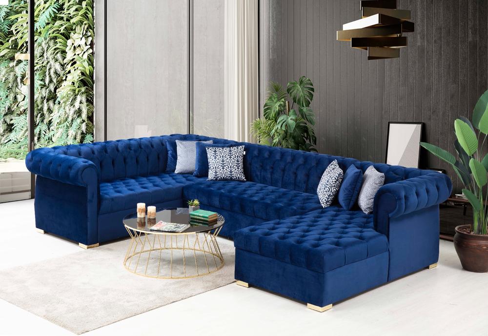 Luxen Velvet Blue RAF Chaise Sectional