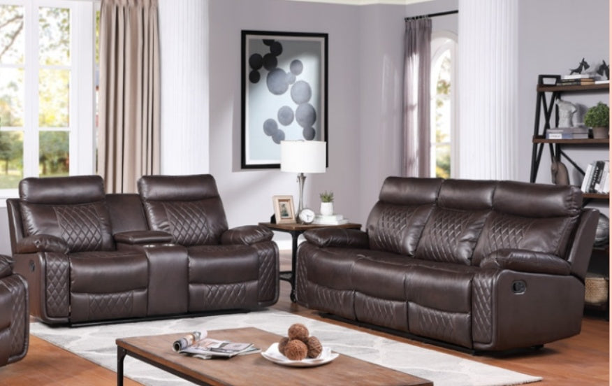 Terry Brown Reclining Sofa and Loveseat 9989