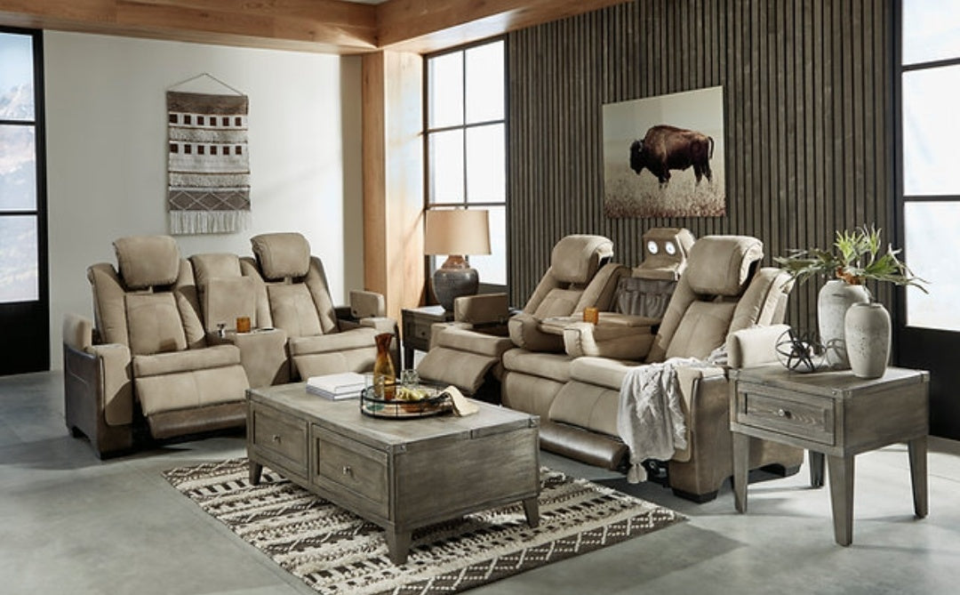 Next-Gen Durapella Sand POWER Reclining Sofa and Loveseat 22003