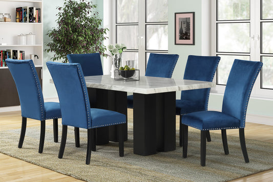 Grand Blue Velvet 7pc Dining Room Set 1220  (FAUX MARBLE) 