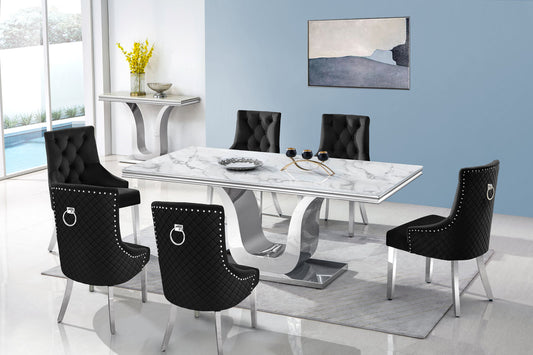 Modern Black Genuine Marble/Stainless Steel 7pc Dining Set D4042