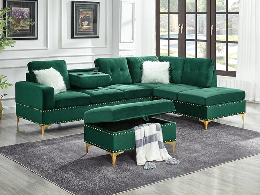 Joy Green Velvet Reversible Sectional with Ottoman S123