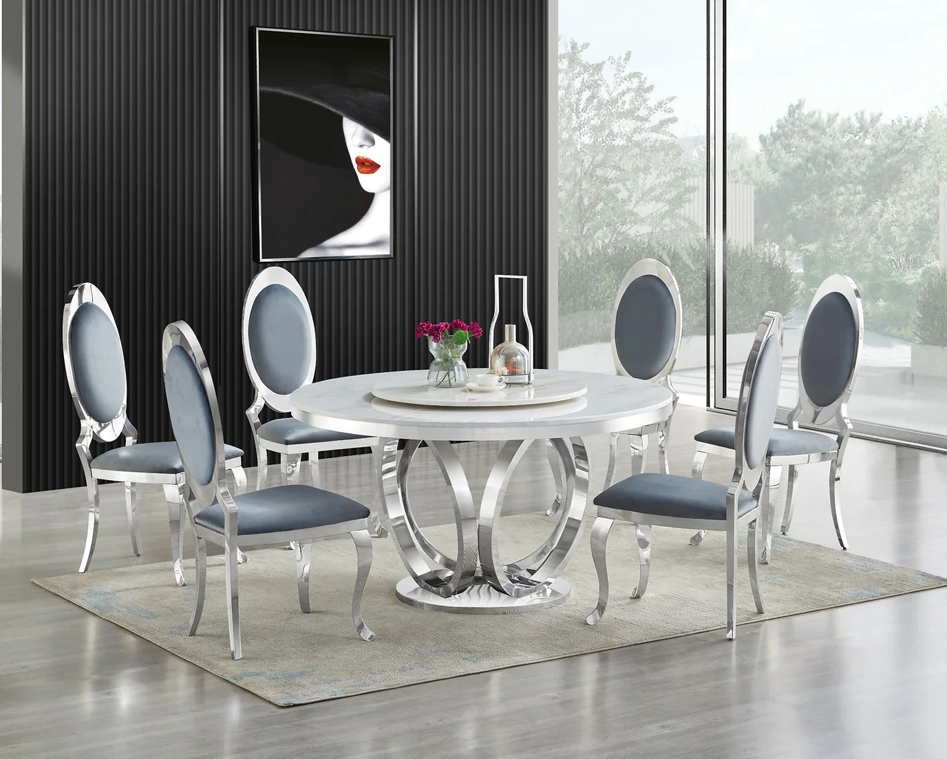 Maxi Silver/White Faux Marble Dining Set D615