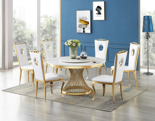 Unico White/Gold Faux Marble Dining Set D605