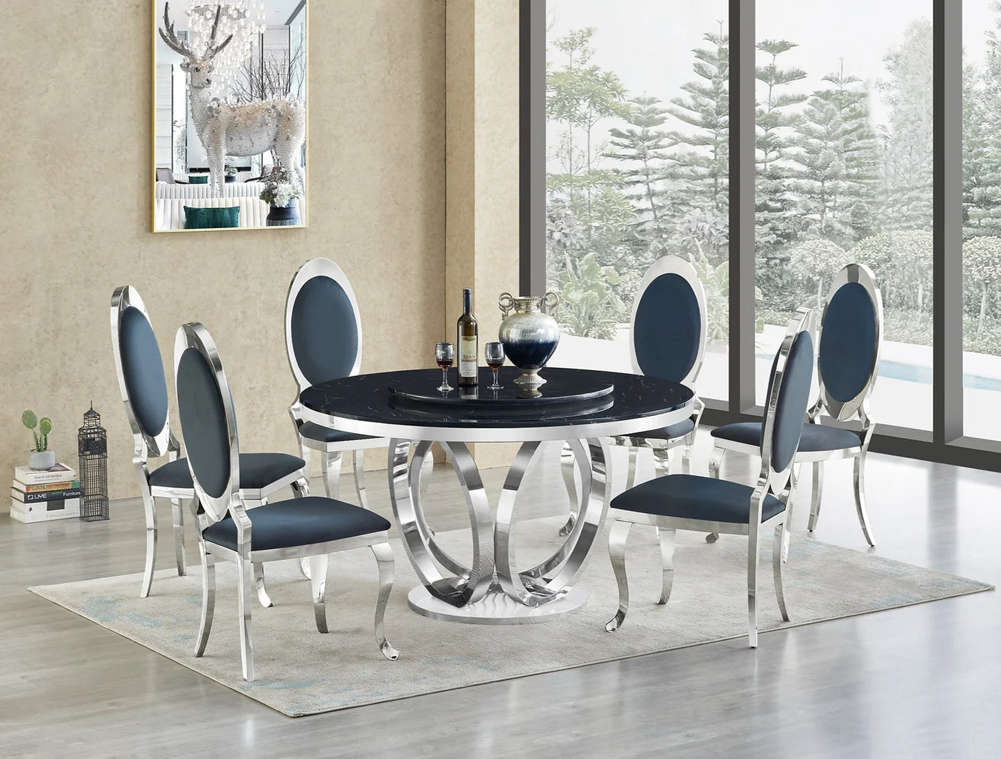 Maxi Silver/Black Faux Marble Dining Set D615